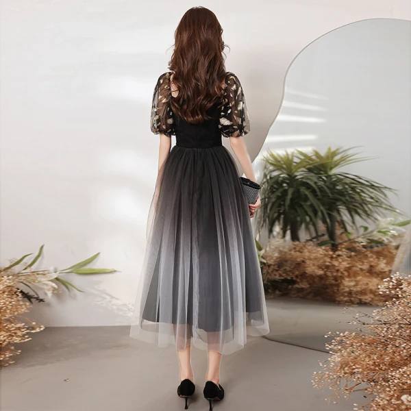 Fashion Black Homecoming Printing Graduation Dresses 2021 A-Line / Princess Square Neckline Short Sleeve Tea-length Formal Dresses