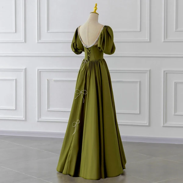 Modest / Simple Olive Green Beading Bow Prom Dresses 2022 A-Line / Princess Scoop Neck Short Sleeve Backless Floor-Length / Long Formal Dresses