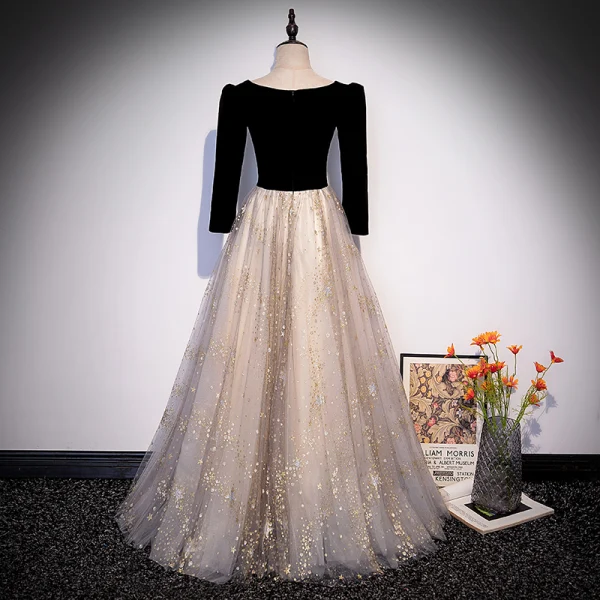 Élégant Noire Robe De Bal 2022 Princesse Encolure Carrée Étoile Paillettes Ceinture Noeud 3/4 Manches Longue Robe De Ceremonie