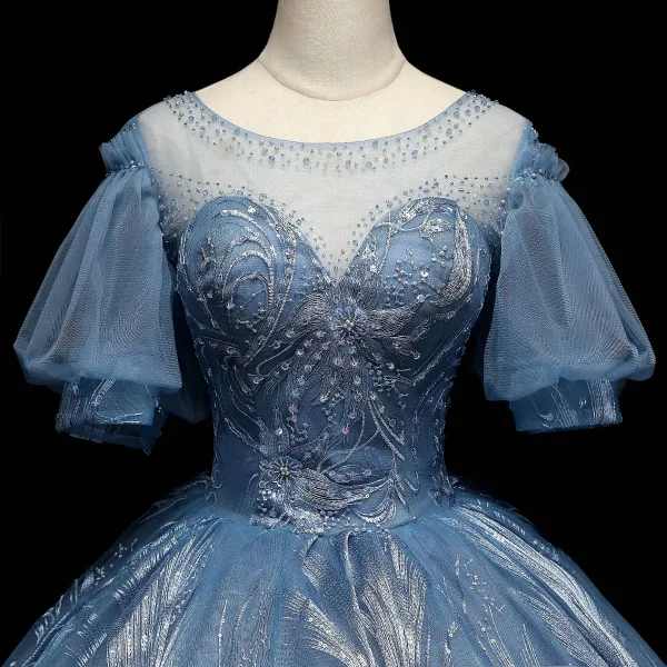 Chic / Belle Bleu Perlage En Dentelle Paillettes Robe De Bal 2021 Robe Boule Encolure Dégagée Manches Courtes Dos Nu Longue Robe De Ceremonie