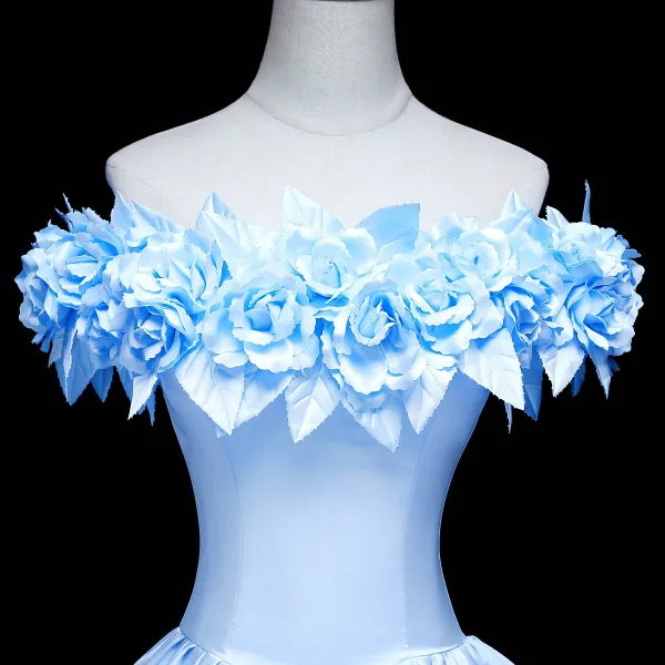 Elegant Sky Blue Flower Prom Dresses 2021 Ball Gown Satin Off-The-Shoulder Sleeveless Backless Floor-Length / Long Formal Dresses