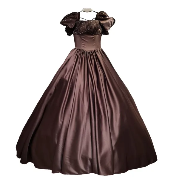 Vintage / Retro Ball Gown Green Satin Prom Dresses 2021 Square Neckline Short Sleeve Backless Floor-Length / Long Formal Dresses