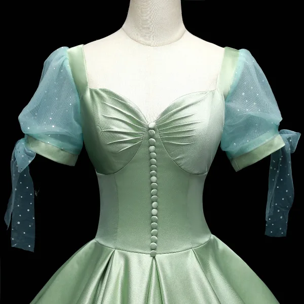 Chic / Beautiful Sage Green Satin Prom Dresses 2021 Ball Gown Square Neckline Short Sleeve Backless Floor-Length / Long Formal Dresses