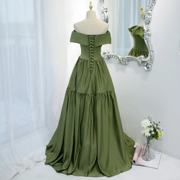 Vintage / Retro Olive Green Prom Dresses 2021 A-Line / Princess Off-The-Shoulder Sleeveless Backless Floor-Length / Long Formal Dresses