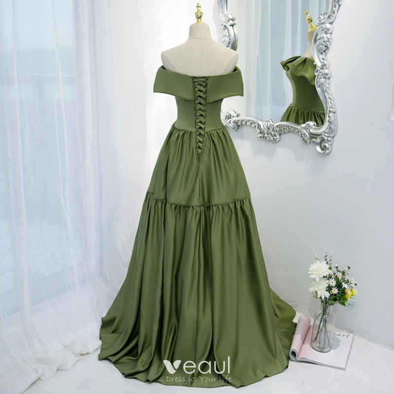 Vintage / Retro Olive Green Prom Dresses 2021 A-Line / Princess Off-The-Shoulder Sleeveless Backless Floor-Length / Long Formal Dresses Vintage / Retro Olive Green Prom Dresses 2021 A-Line / Princess Off-The-Shoulder Sleeveless Backless Floor-Length / Long Formal Dresses