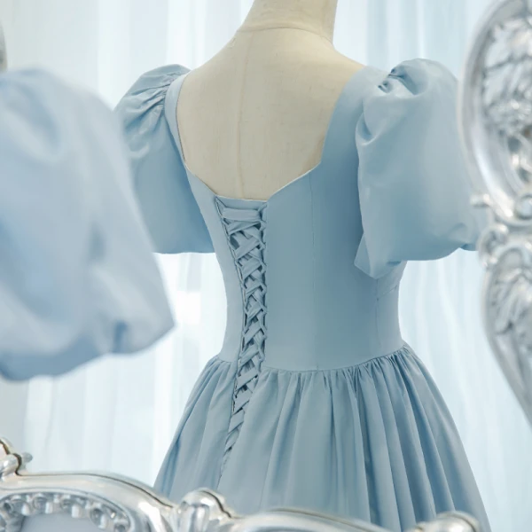 Chic / Beautiful Sky Blue Prom Dresses 2021 A-Line / Princess Square Neckline Short Sleeve Backless Floor-Length / Long Formal Dresses