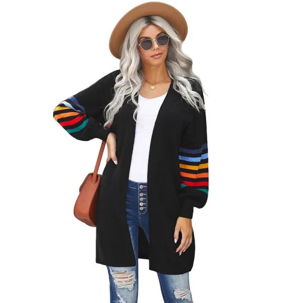 Chic / Beautiful Fall Winter Black Street Wear Knitting Coats & Jackets Multi-Colors Stripe 2021 Loose Long Sleeve Women Tops