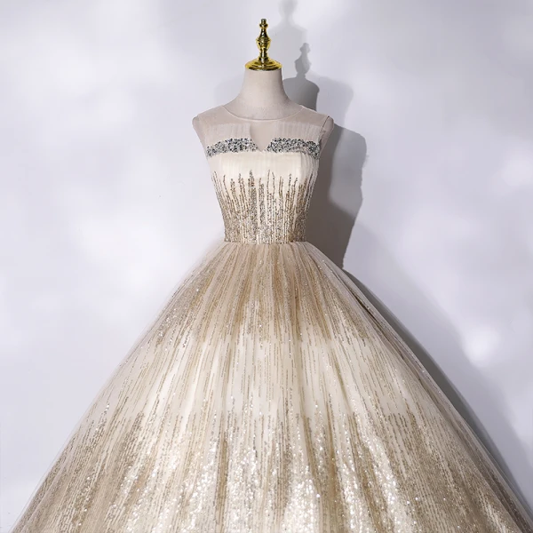 Sparkly Champagne Beading Sequins Prom Dresses Prom Dresses 2021 Ball Gown Scoop Neck Sleeveless Backless Floor-Length / Long Formal Dresses