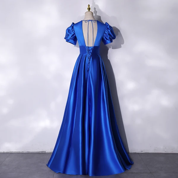 Vintage / Retro Royal Blue Satin Prom Dresses 2021 A-Line / Princess V-Neck Puffy Short Sleeve Backless Floor-Length / Long Formal Dresses