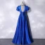 Vintage / Retro Royal Blue Satin Prom Dresses 2021 A-Line / Princess V-Neck Puffy Short Sleeve Backless Floor-Length / Long Formal Dresses