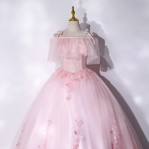 Flotte Lyserød Gallakjoler 2021 Prinsesse Spaghetti Straps Beading Med Blonder Blomsten Kort Ærme Halterneck Lange Kjoler