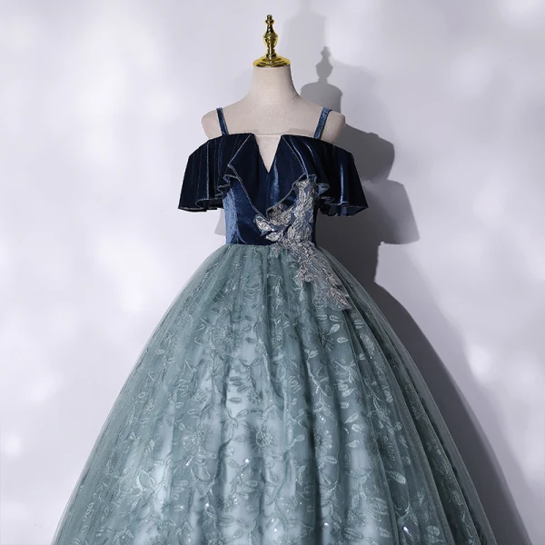 Elegant Navy Blue Prom Dresses 2021 Ball Gown Suede Spaghetti Straps Beading Lace Flower Short Sleeve Backless Floor-Length / Long Formal Dresses