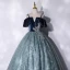 Elegant Navy Blue Prom Dresses 2021 Ball Gown Suede Spaghetti Straps Beading Lace Flower Short Sleeve Backless Floor-Length / Long Formal Dresses