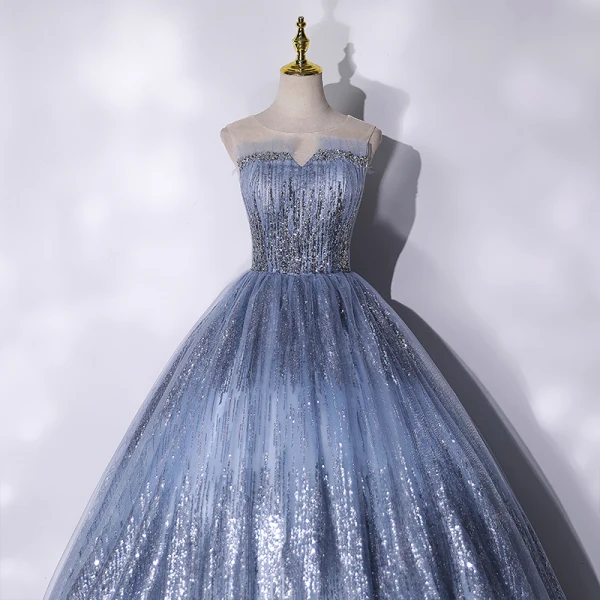 Charmant Scintillantes Océan Bleu Perlage Paillettes Robe De Bal 2021 Robe Boule Encolure Dégagée Sans Manches Dos Nu Longue Robe De Ceremonie
