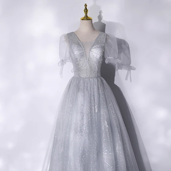 Chic / Belle Argenté Glitter Paillettes Robe De Bal 2021 Princesse V-Cou Manches Courtes Dos Nu Longue Robe De Ceremonie