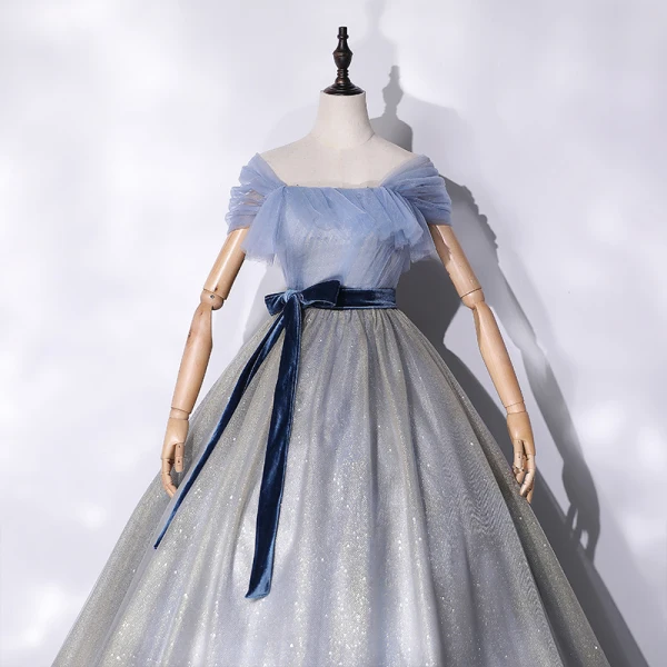 Fashion Silver Prom Dresses 2021 Ball Gown Ruffle Square Neckline Short Sleeve Backless Suede Bow Sash Sequins Floor-Length / Long Formal Dresses