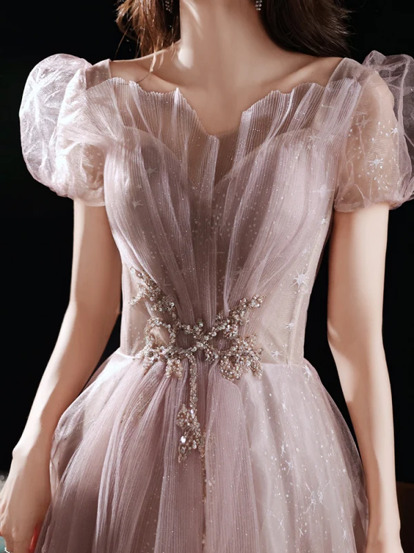 Charmant Rose Sombre Robe De Bal 2021 Princesse Perlage Perle Paillettes Encolure Carrée Gonflée Manches Courtes Dos Nu Longue Robe De Ceremonie