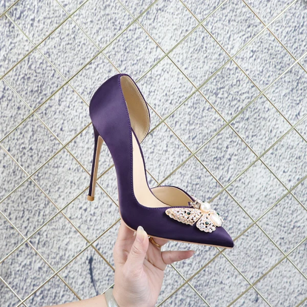 Charming Black Evening Party Rhinestone Pearl Butterfly Satin Womens Shoes 2021 12 cm Stiletto Heels Pointed Toe Womens Shoes High Heels