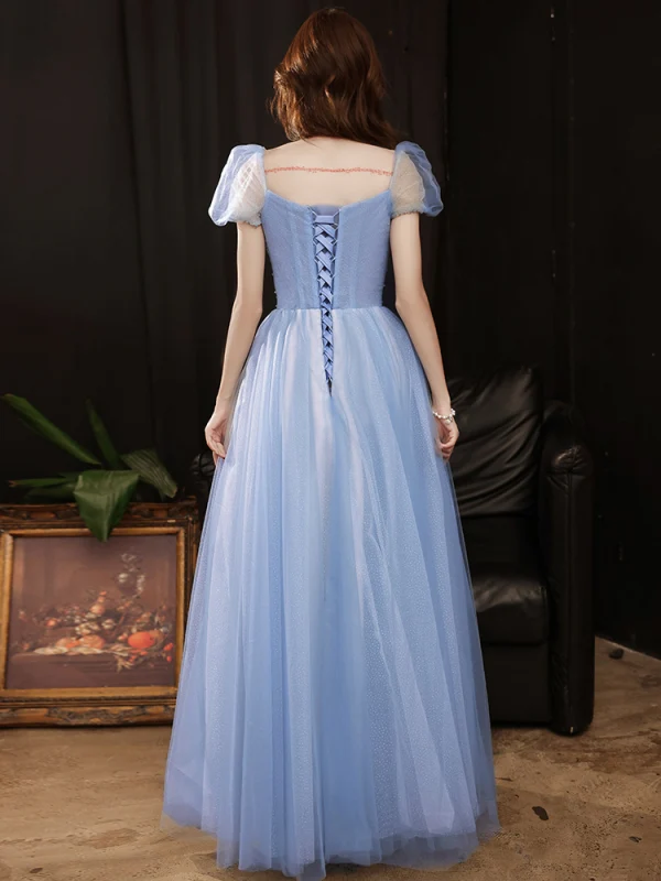 Chic / Belle Bleu Ciel Paillettes Robe De Bal 2021 Princesse Encolure Carrée Manches Courtes Dos Nu Longue Robe De Ceremonie