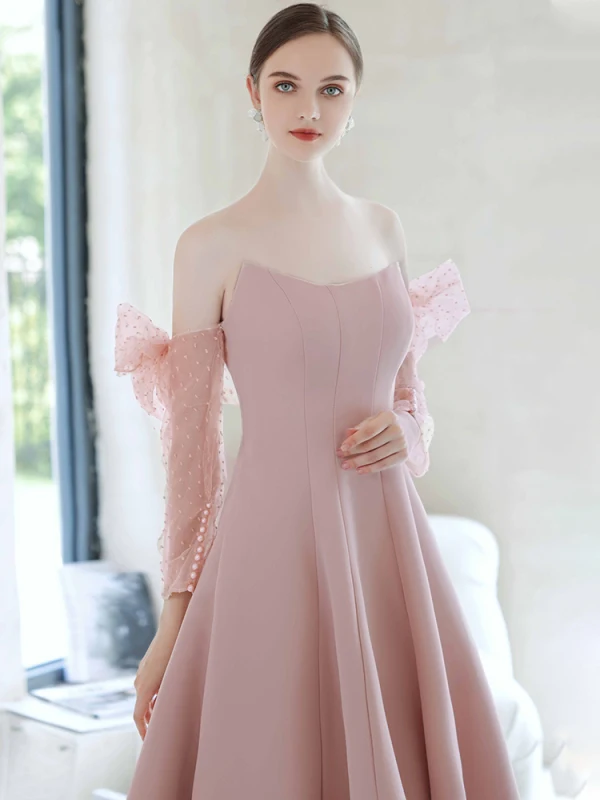 Elegant Blushing Pink Spotted Prom Dresses 2021 A-Line / Princess Short Sleeve Backless Floor-Length / Long Formal Dresses