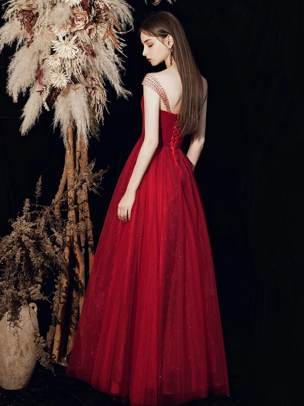 Charming Burgundy Prom Dresses Evening Dresses  2021 A-Line / Princess Square Neckline Beading Sequins Sleeveless Backless Floor-Length / Long Formal Dresses