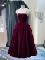 Chic / Beautiful Burgundy Suede Pearl Prom Dresses 2021 A-Line / Princess Spaghetti Straps Sleeveless Tea-length Formal Dresses