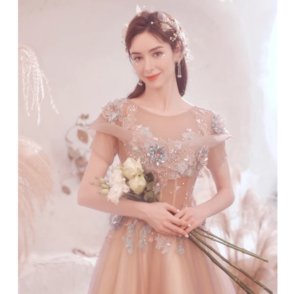 Charmant Rougissant Rose Perlage Perle Paillettes En Dentelle Fleur Robe De Bal 2021 Princesse Encolure Dégagée Manches Courtes Dos Nu Longue Robe De Ceremonie