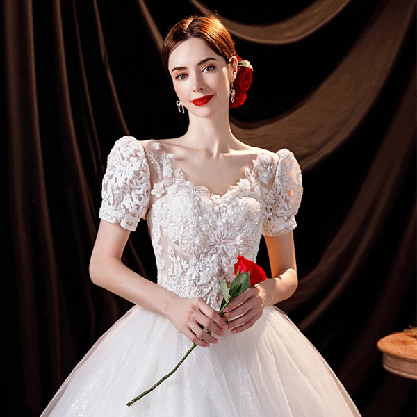Charming Ivory Beading Wedding Dresses 2021 Ball Gown V-Neck Lace Flower Appliques Sequins Short Sleeve Backless Floor-Length / Long Wedding