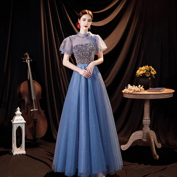 Fashion Ocean Blue Prom Dresses 2021 A-Line / Princess High Neck Beading Pearl Sequins Short Sleeve Backless Floor-Length / Long Formal Dresses