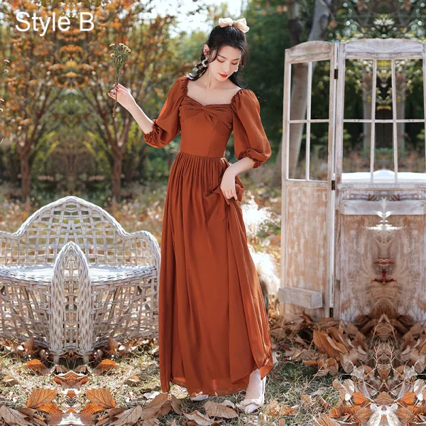 Modest / Simple Caramel Bridesmaid Dresses 2021 A-Line / Princess Short Sleeve Backless Floor-Length / Long Wedding Party Dresses