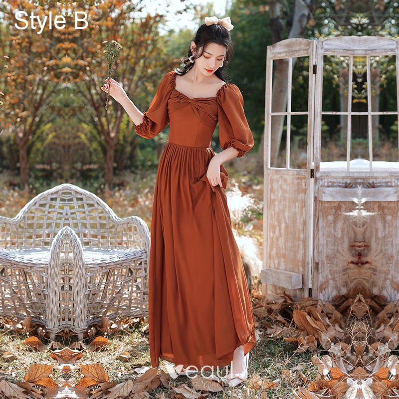 Modest Simple Caramel Bridesmaid Dresses 2021 A-Line Princess Short Sleeve Backless Long