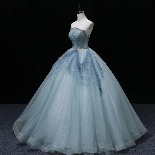 Chic / Beautiful Sky Blue Pearl Sequins Prom Dresses 2022 Ball Gown Strapless Sleeveless Backless Floor-Length / Long Formal Dresses