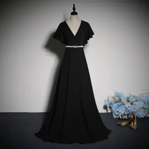 Élégant Noire Perle Faux Diamant Noeud Ceinture Robe De Bal 2023 Princesse V Cou Manches Courtes Longue Promo Robe De Ceremonie
