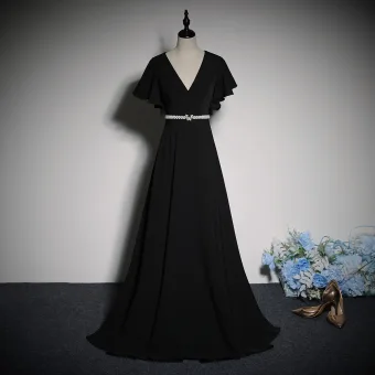 Élégant Noire Perle Faux Diamant Noeud Ceinture Robe De Bal 2023 Princesse V Cou Manches Courtes Longue Promo Robe De Ceremonie