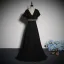 Elegant Sorte Perle Rhinestone Sløjfe Bælte Gallakjoler 2023 Prinsesse V-Hals Kort Ærme Lange Galla Kjoler