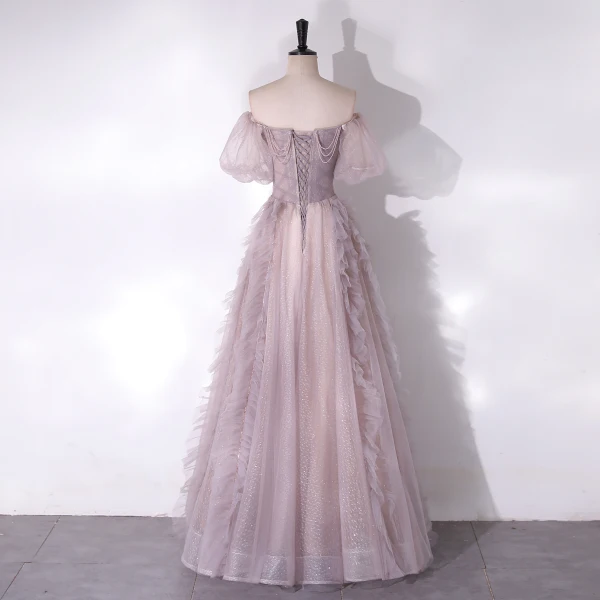 Chic / Beautiful Lavender Glitter Beading Prom Dresses 2024 A-Line / Princess Square Neckline Short Sleeve Backless Floor-Length / Long Prom Formal Dresses