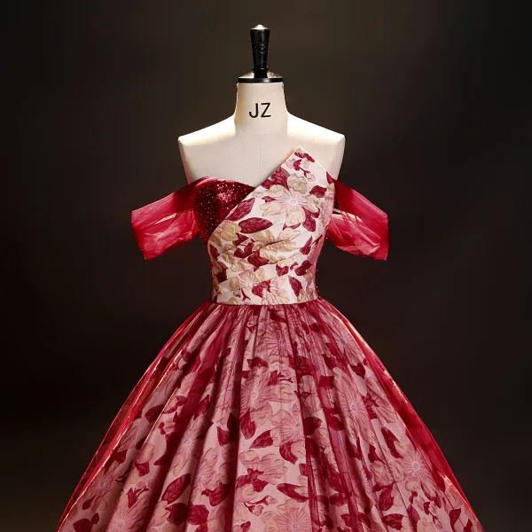 Chic / Beautiful Red Beading Pearl Sequins Printing Prom Dresses 2023 Ball Gown Off-The-Shoulder Sleeveless Backless Floor-Length / Long Prom Formal Dresses