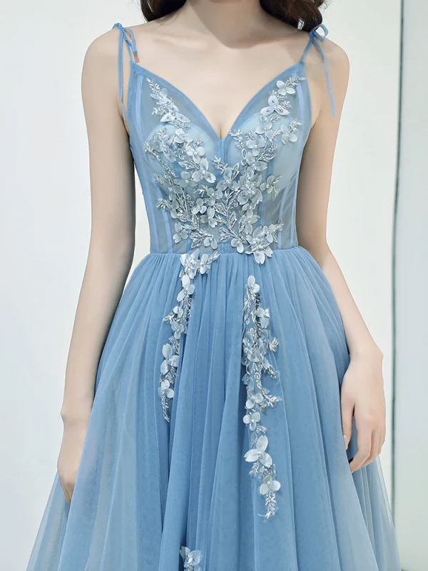 Chic / Beautiful Sky Blue Evening Dresses 2019 A-Line / Princess Sleeveless Beading Lace Flower Appliques Spaghetti Straps Backless Floor-Length / Long Formal Dresses