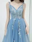 Chic / Beautiful Sky Blue Evening Dresses  2019 A-Line / Princess Sleeveless Beading Lace Flower Appliques Spaghetti Straps Backless Floor-Length / Long Formal Dresses