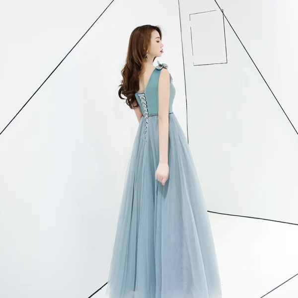 Chic / Beautiful Jade Green Evening Dresses 2019 A-Line / Princess Suede V-Neck Lace Flower Sleeveless Backless Floor-Length / Long Formal Dresses