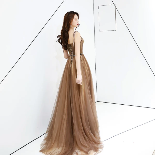 Chic / Belle Marron Robe De Soirée 2019 Princesse Bretelles Spaghetti Sans Manches Dos Nu Longue Robe De Ceremonie