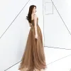 Chic / Beautiful Brown Evening Dresses  2019 A-Line / Princess Spaghetti Straps Sleeveless Backless Floor-Length / Long Formal Dresses