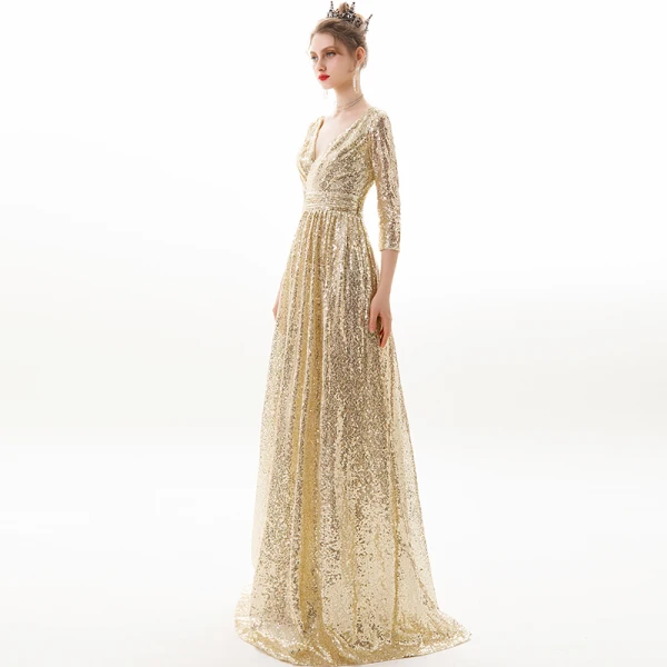 Sparkly Champagne Evening Dresses 2019 A-Line / Princess V-Neck Sequins 3/4 Sleeve Backless Floor-Length / Long Formal Dresses