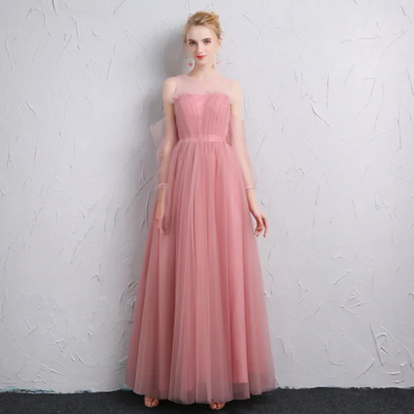 Modest / Simple Sky Blue Bridesmaid Dresses 2018 A-Line / Princess Shoulders Backless Short Sleeve Floor-Length / Long Wedding Party Dresses