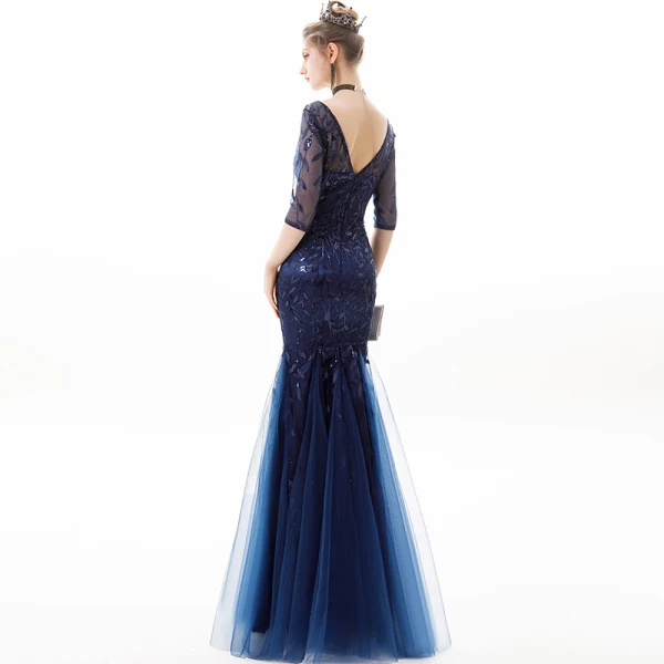 Chic / Belle Bleu Marine Robe De Soirée 2019 Trompette / Sirène Encolure Dégagée Paillettes En Dentelle Fleur 3/4 Manches Dos Nu Longue Robe De Ceremonie
