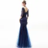 Chic / Beautiful Navy Blue Evening Dresses  2019 Trumpet / Mermaid Scoop Neck Sequins Lace Flower 3/4 Sleeve Backless Floor-Length / Long Formal Dresses