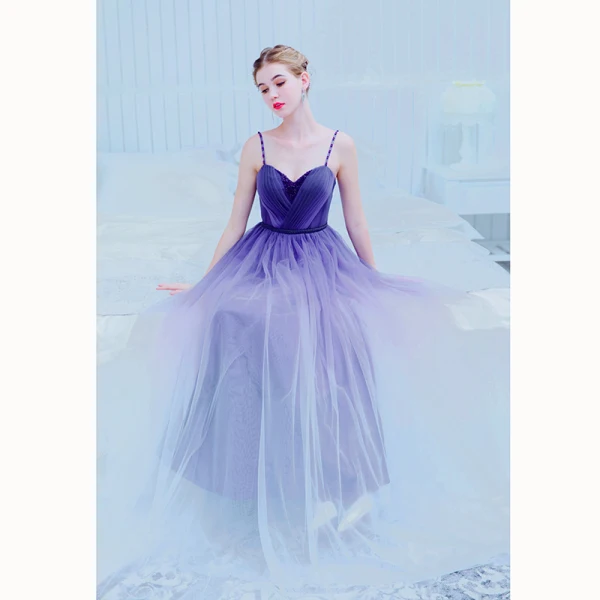 Charmant Violett Farbverlauf Abendkleider 2019 A Linie Spaghettiträger Perlenstickerei Kristall Ärmellos Rückenfreies Lange Festliche Kleider