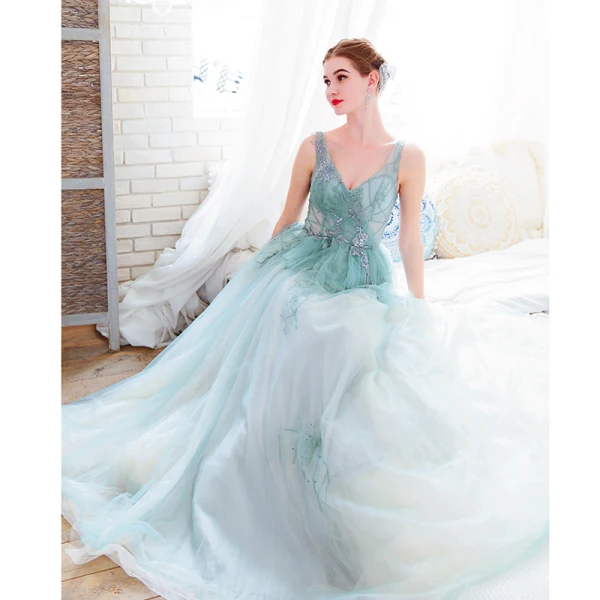 Chic / Beautiful Sky Blue Evening Dresses  2019 A-Line / Princess V-Neck Beading Pearl Sequins Lace Flower Sleeveless Backless Floor-Length / Long Formal Dresses