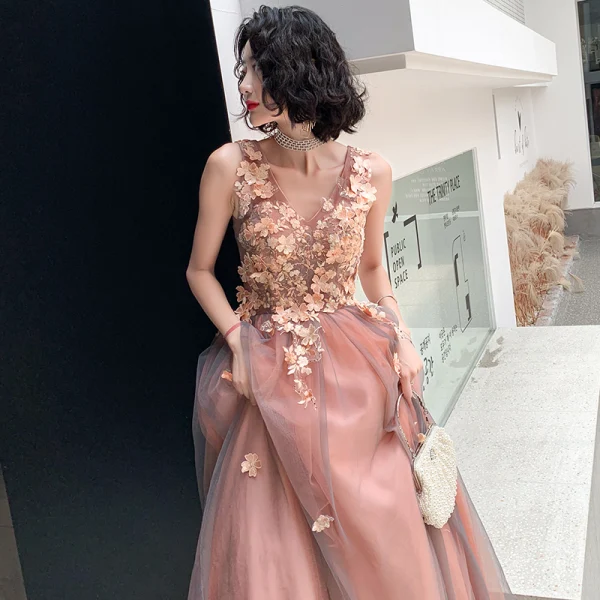Elegante Rosa Abendkleider 2019 A Linie V-Ausschnitt Strass Blumen Spitze Ärmellos Rückenfreies Lange Festliche Kleider