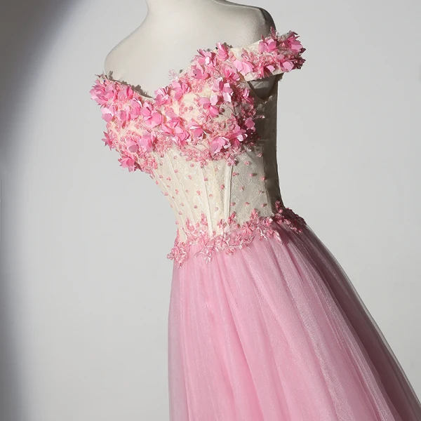 Chic / Belle Rose Bonbon Robe De Bal 2019 Princesse De l'épaule Perlage Perle En Dentelle Fleur Appliques Manches Courtes Dos Nu Longue Robe De Ceremonie